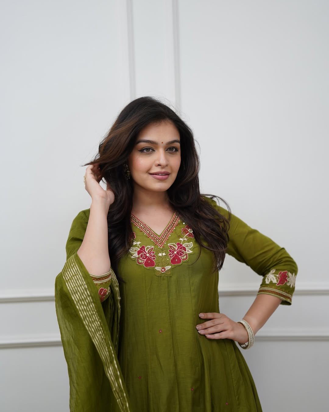 Green Cotton Anarkali Suit Set with Mirror Work